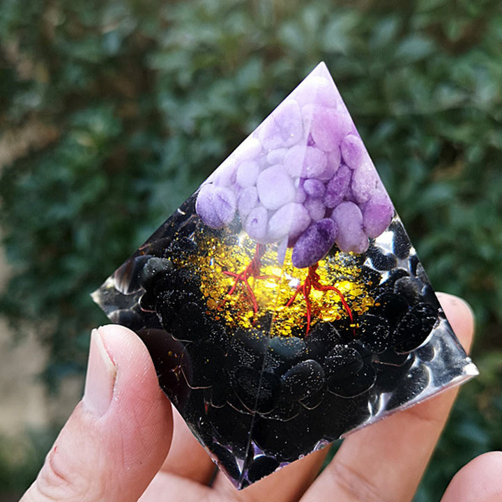 Pirámide de orgón del árbol de la vida de obsidiana y jade morado de Olivenorma 