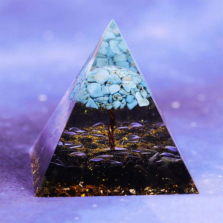 Pirámide de orgón de la suerte de obsidiana con turquesa de Olivenorma 
