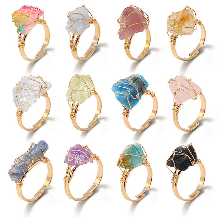 Anillo de piedra preciosa envuelta en alambre irregular en bruto natural de Olivenorma