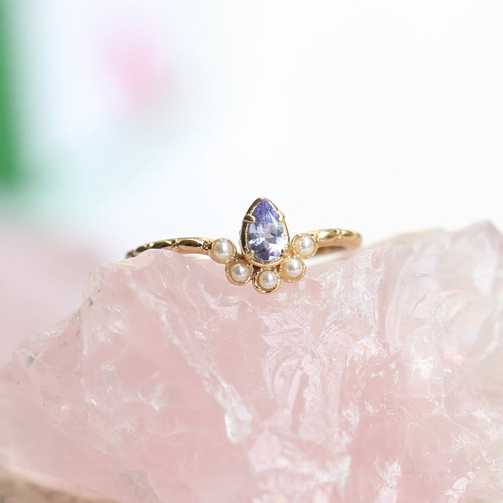 Anillo de doble capa con perla de zafiro y lágrima de Olivenorma S925