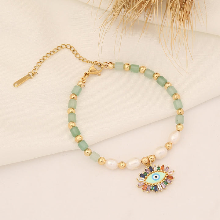 Pulsera de cobre con perlas de agua dulce y piedra natural de Olivenorma 