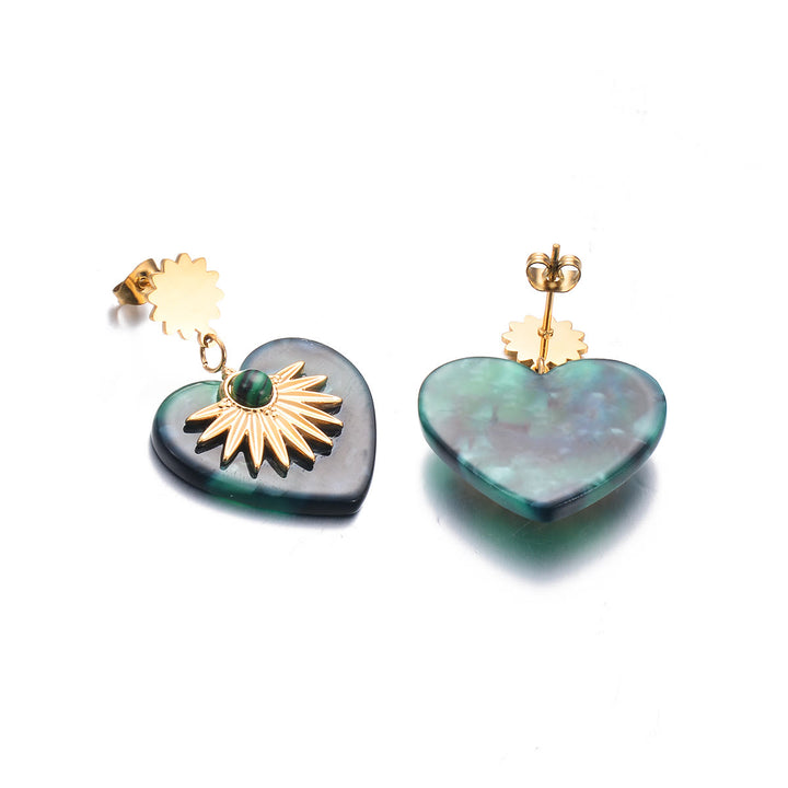 Pendientes de acero inoxidable dorados con ágata musgosa de Olivenorma en forma de corazón 
