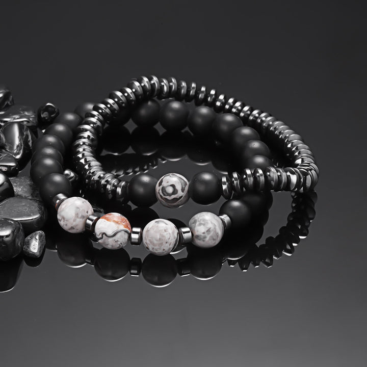 Juego de pulseras de cuentas para hombre de ónix negro y jaspe gris Olivenorma