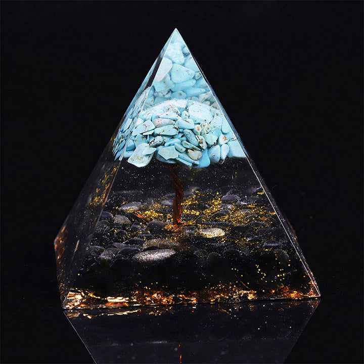 Pirámide de orgón de la suerte de obsidiana con turquesa de Olivenorma 
