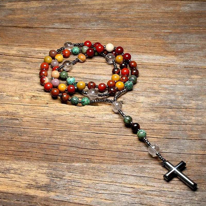 Collar y pulsera con símbolo de cruz de piedra natural de Olivenorma