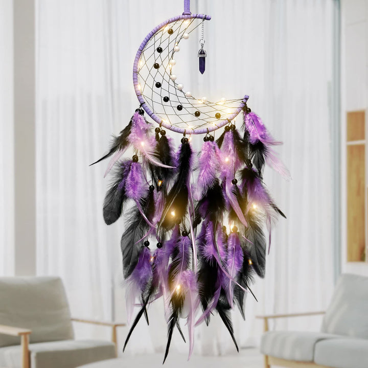 Atrapasueños de plumas de luna de obsidiana y amatista de Olivenorma