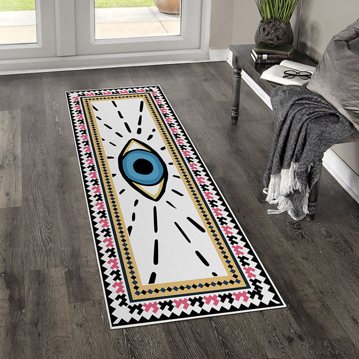 Alfombra rectangular con estampado de mal de ojo de color blanco de Olivenorma 