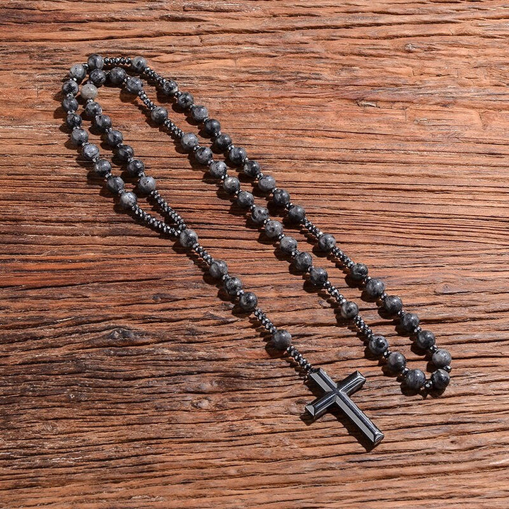 Collar rosario para hombre con cruz de lapislázuli y ojo de tigre de Olivenorma