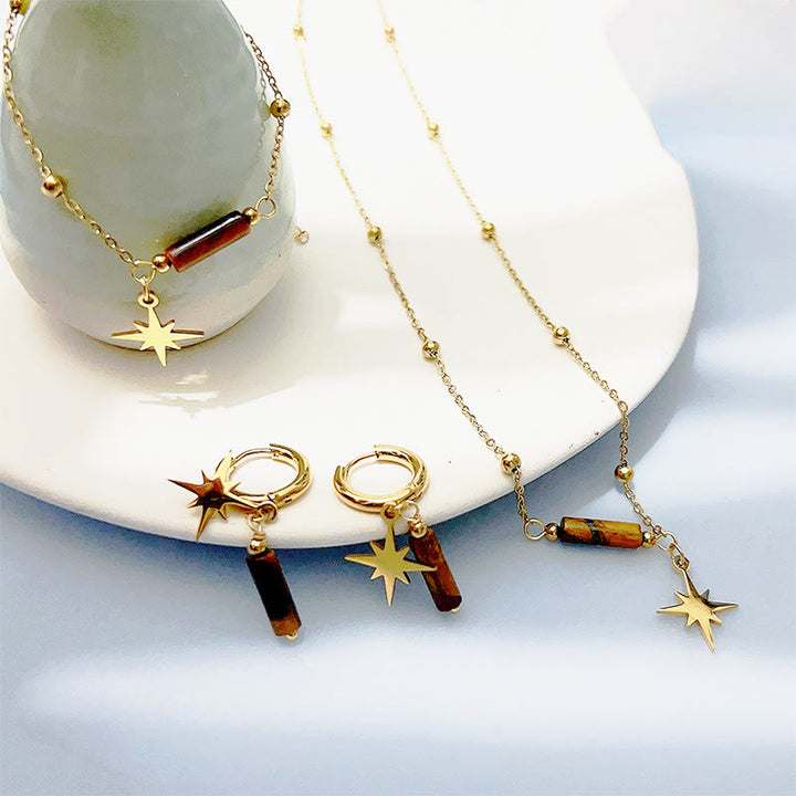 Pendientes, collar y pulsera con colgante de estrella de ojo de tigre natural de Olivenorma