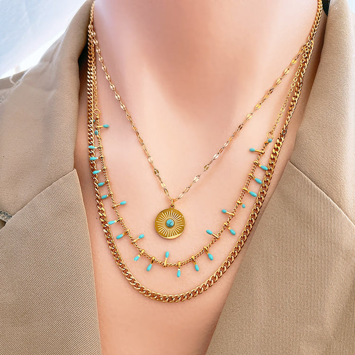 Juego de collar triple con colgante de turquesa natural de 18 quilates de Olivenorma