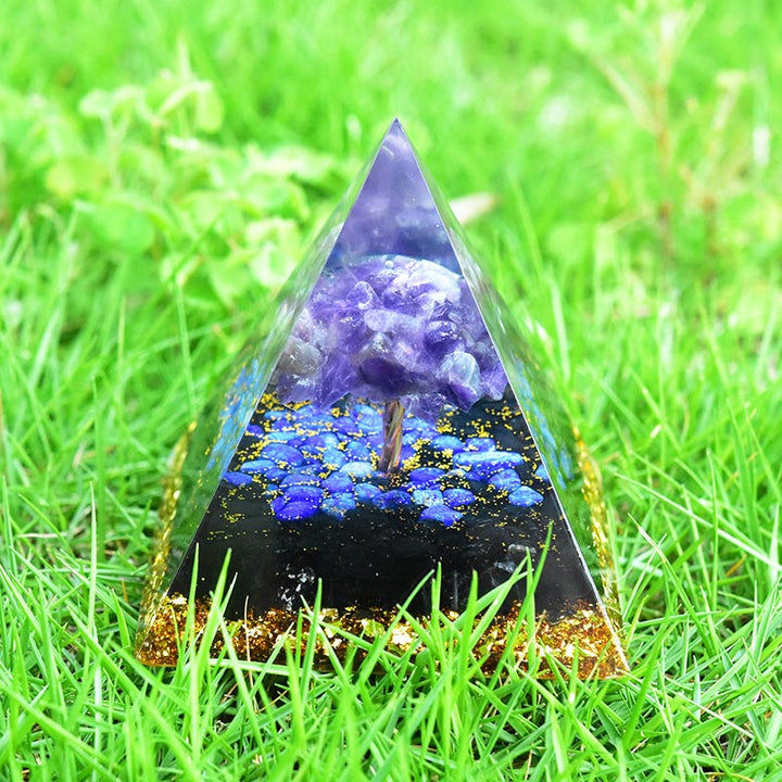 Pirámide de orgón del árbol de la vida de lapislázuli, obsidiana y amatista de Olivenorma 