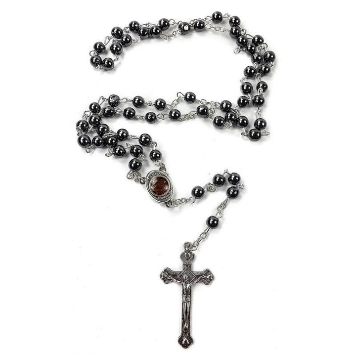 Collar rosario con cruz de Olivenorma de ónix negro y ágata roja
