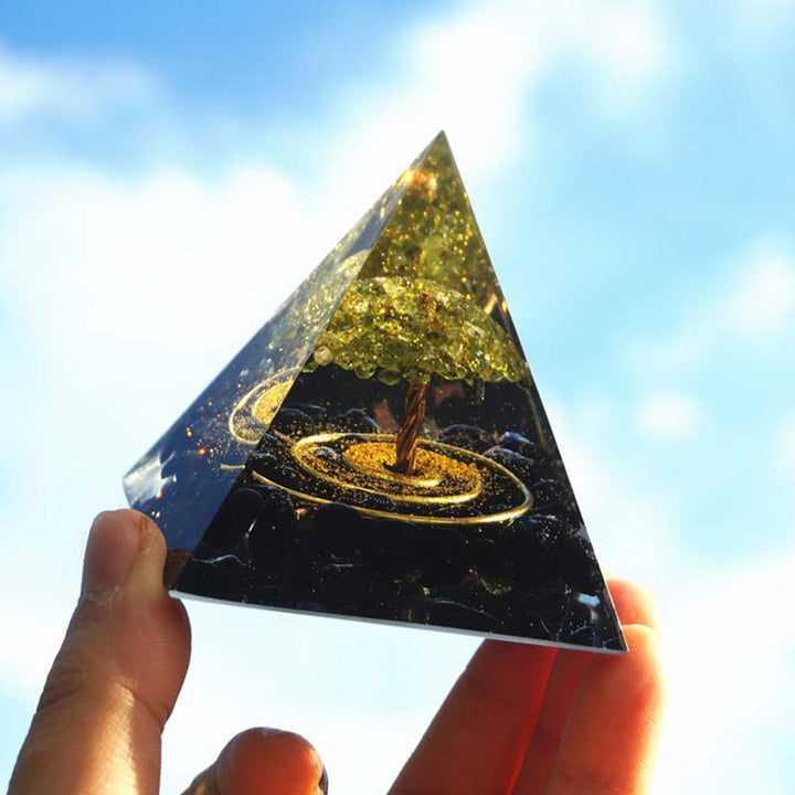 Pirámide de orgón Reiki del árbol de la vida de peridoto Olivenorma con obsidiana