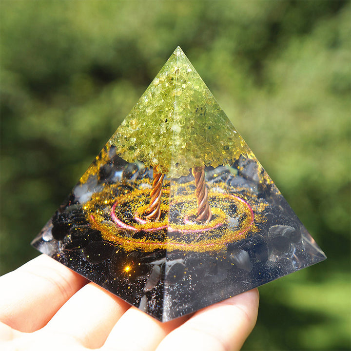 Pirámide de orgón del árbol de la vida de peridoto y obsidiana de Olivenorma