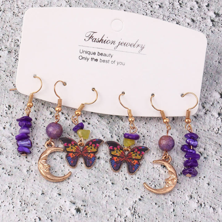 Juego de pendientes con colgante de mariposa y luna de ágata morada y amatista de Olivenorma
