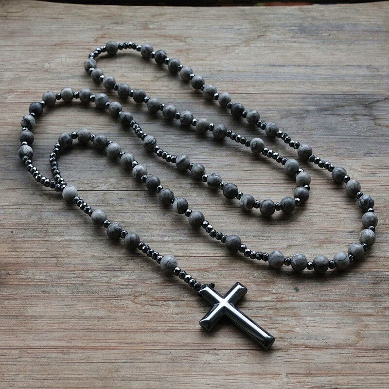 Collar rosario para hombre con cruz de lapislázuli y ojo de tigre de Olivenorma