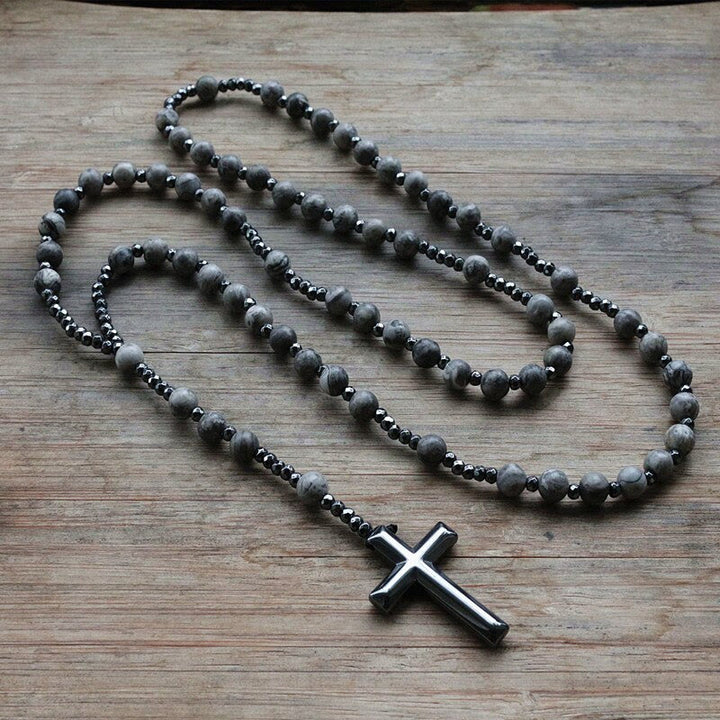 Collar rosario para hombre con cruz de lapislázuli y ojo de tigre de Olivenorma