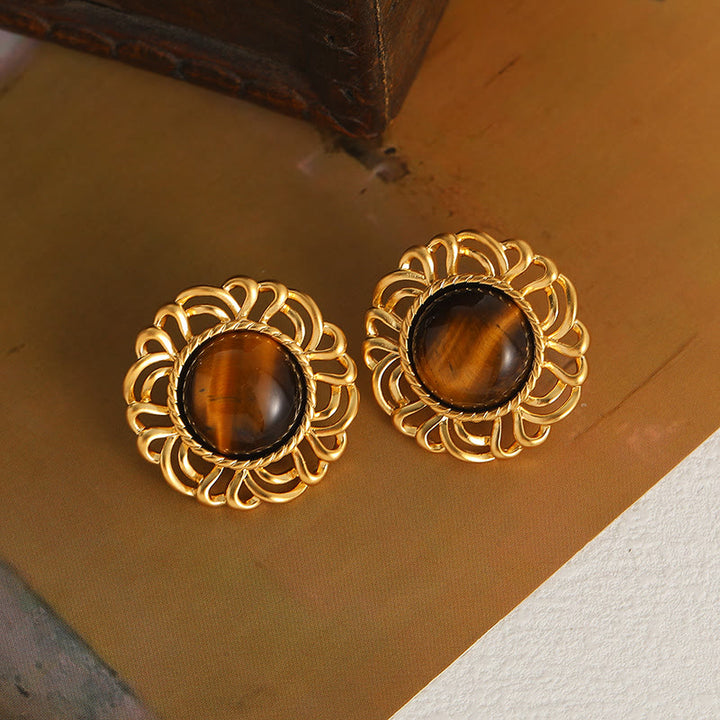 Pendientes de oro con girasol y ojo de tigre de Olivenorma