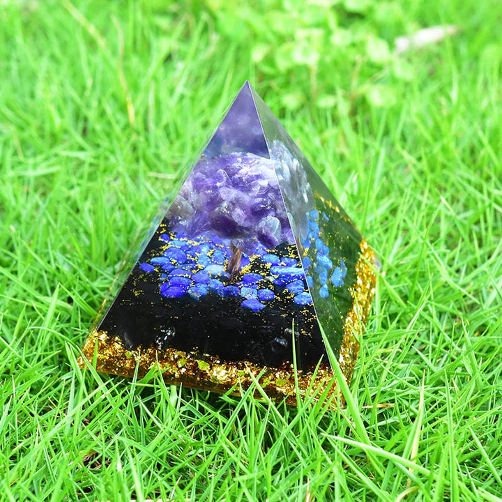 Pirámide de orgón del árbol de la vida de lapislázuli, obsidiana y amatista de Olivenorma 