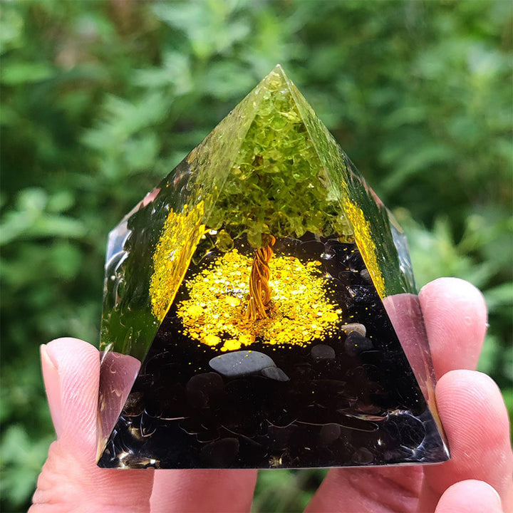 Pirámide de orgón del árbol de la vida de obsidiana de Olivenorma con peridoto