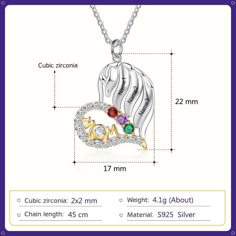 Collar con forma de corazón de medio diamante y piedras de nacimiento para madres de Olivenorma