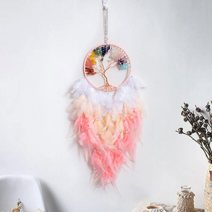 Atrapasueños de plumas rosas con forma de árbol de la vida de cristal de Olivenorma