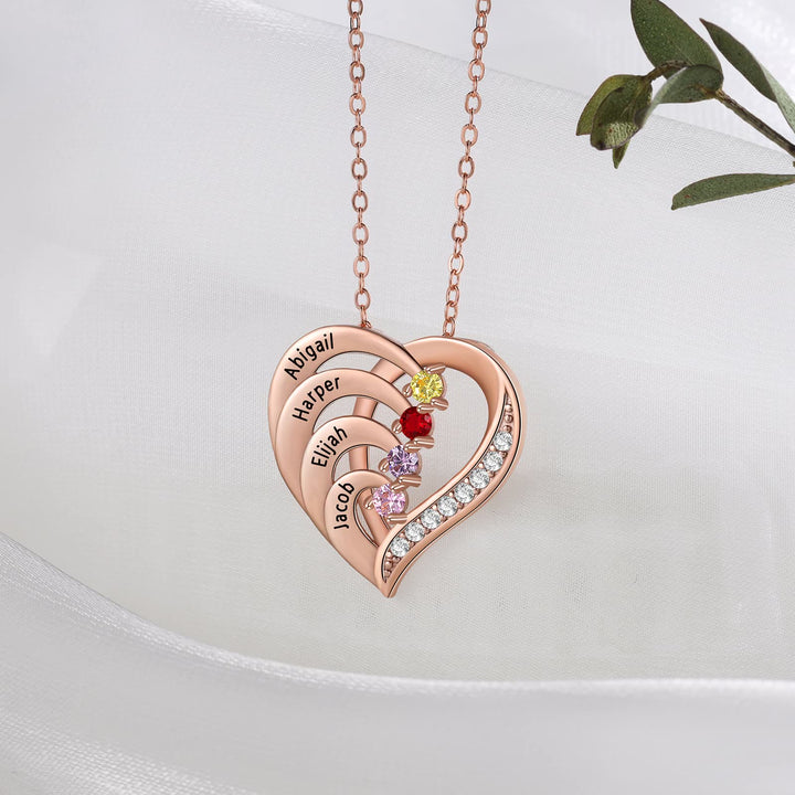 Collar con corazón grabado y piedras de nacimiento personalizadas de Olivenorma