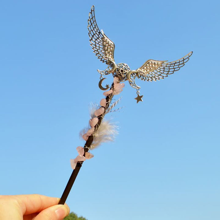 Varitas de cristal con plumas y luna de hadas naturales de Olivenorma