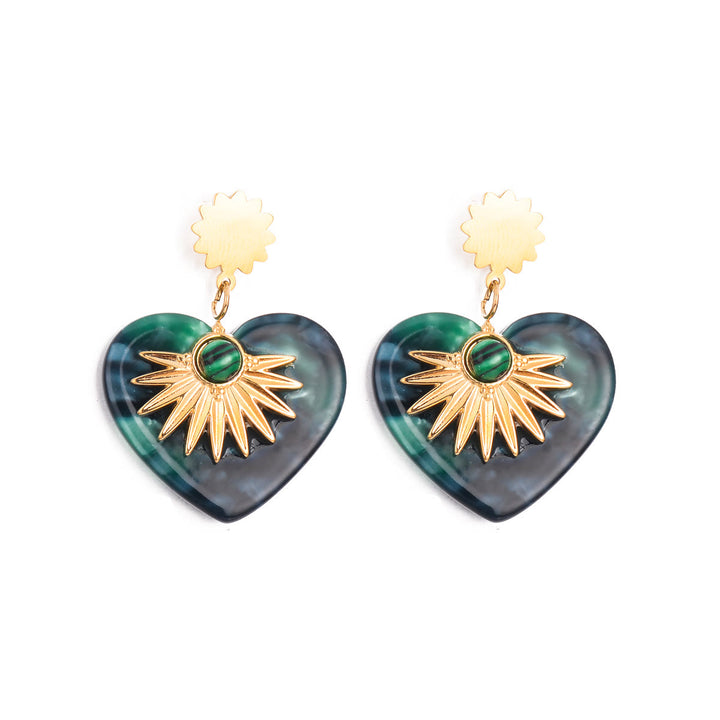 Pendientes de acero inoxidable dorados con ágata musgosa de Olivenorma en forma de corazón 