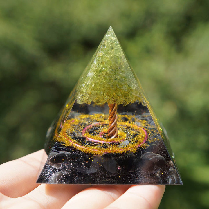 Pirámide de orgón del árbol de la vida de peridoto y obsidiana de Olivenorma