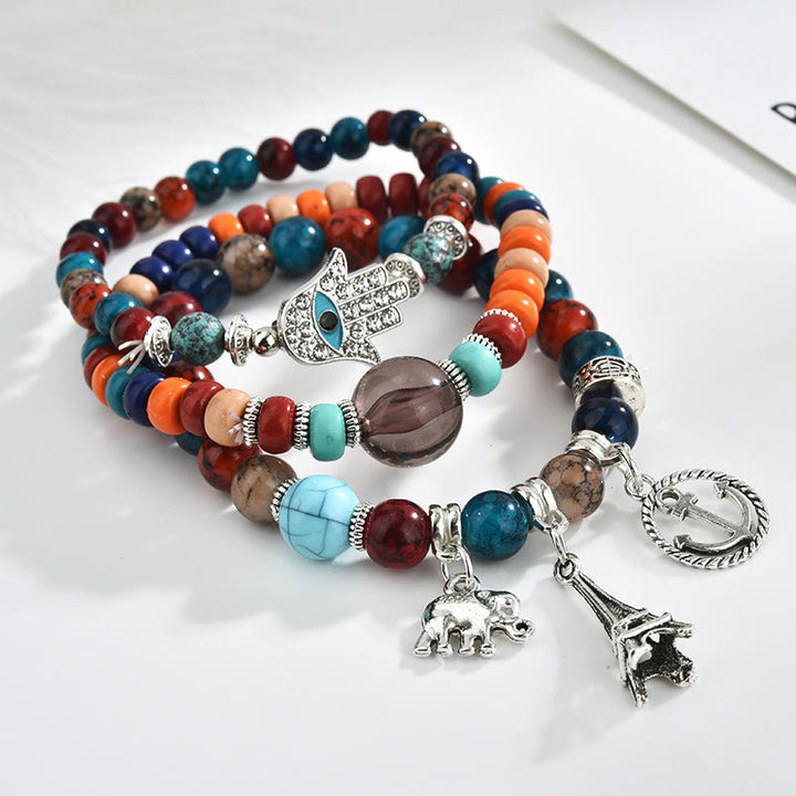 Juego de pulseras de hamsa con ojo malvado y torre de elefante de Olivenorma