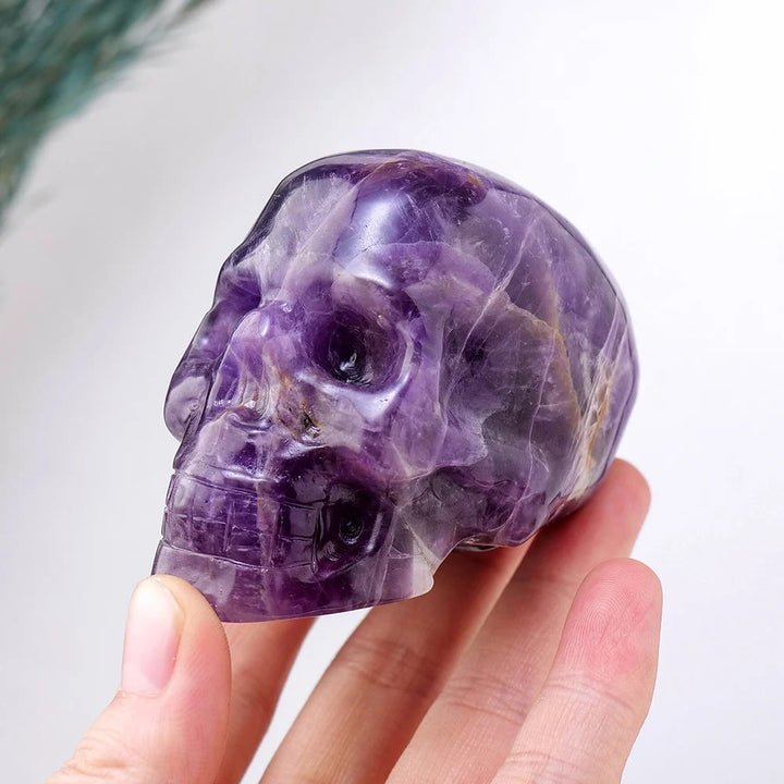 Estatua de calavera de amatista de 3 pulgadas de Olivenorma, piedra preciosa curativa decorativa 