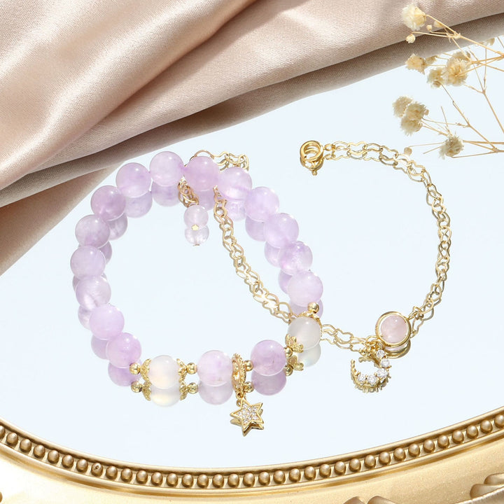 Pulsera de luna y estrella con cuentas de ágata blanca y amatista de Olivenorma 