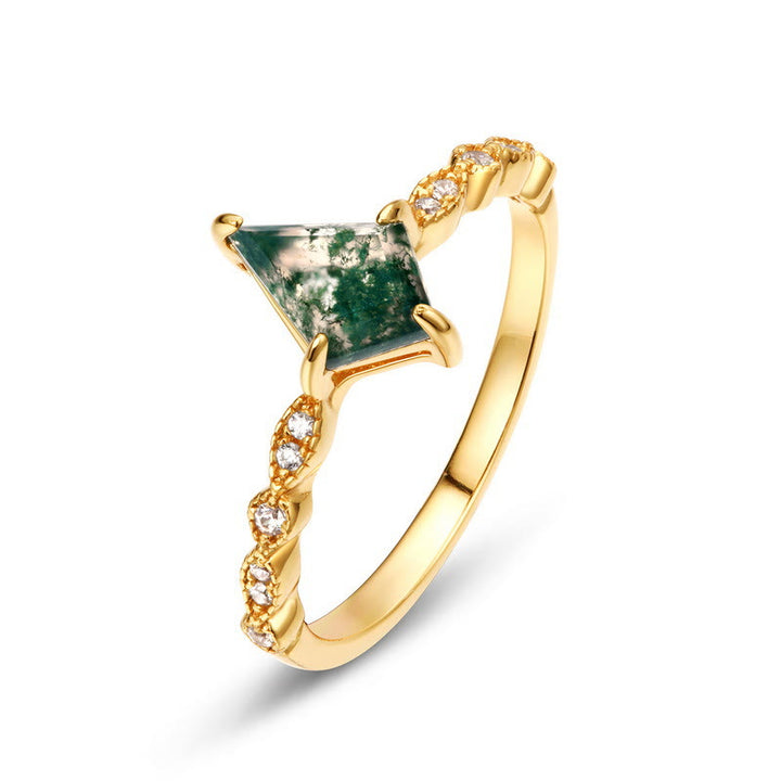 Anillo de cuatro puntas con ágata musgosa y circonita blanca de Olivenorma 