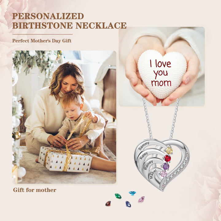 Collar con corazón grabado y piedras de nacimiento personalizadas de Olivenorma