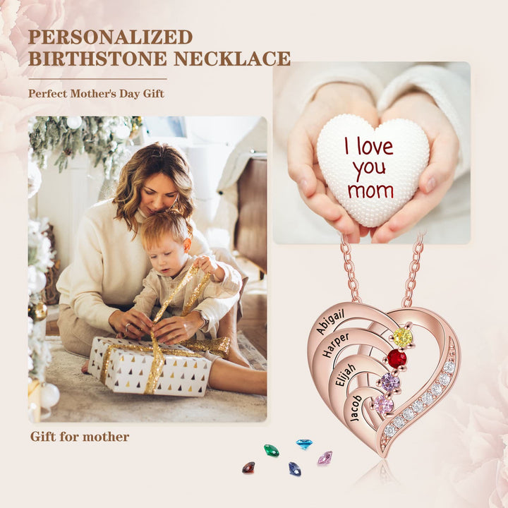 Collar con corazón grabado y piedras de nacimiento personalizadas de Olivenorma