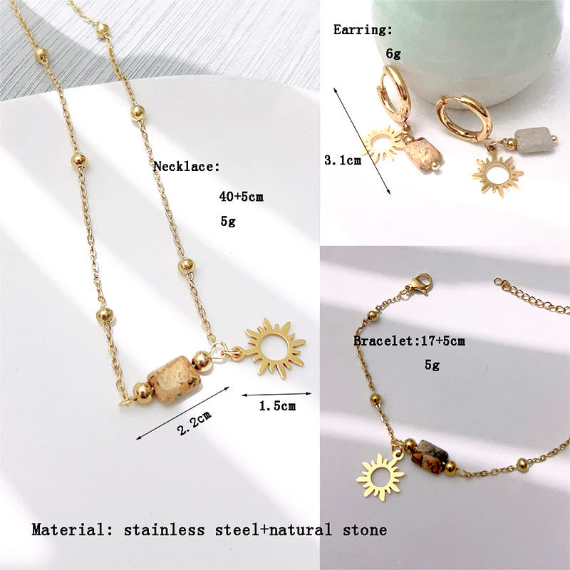Pendientes, collar y pulsera con colgante de sol y jaspe natural de Olivenorma