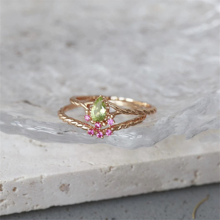 Juego de anillos ajustables apilables con cristales de color rosa peridoto delicado de Olivenorma 