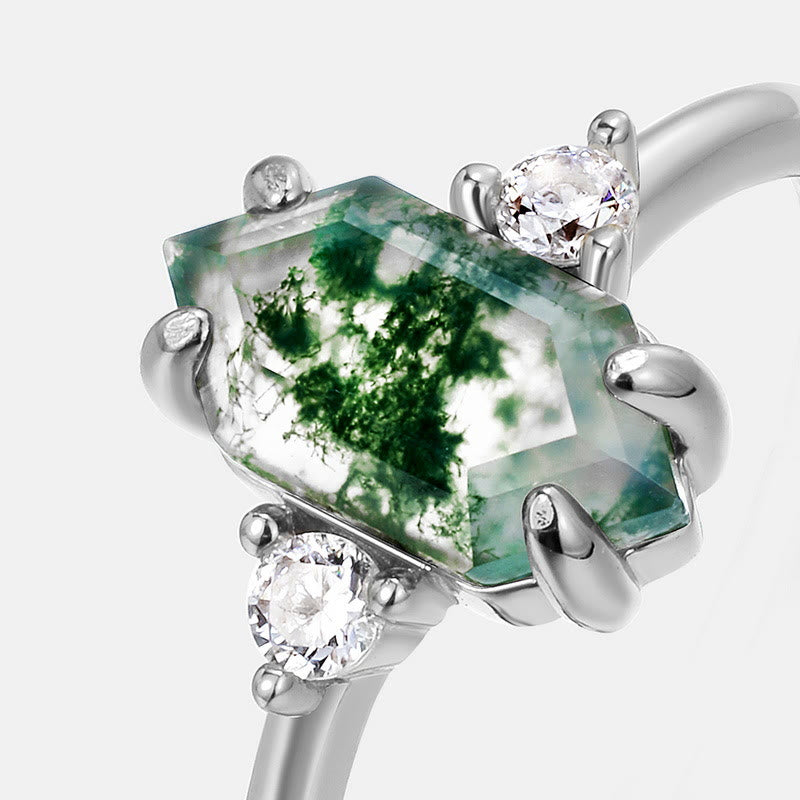 Anillo ajustable de ágata musgosa hexagonal con circonita blanca S925 de Olivenorma 