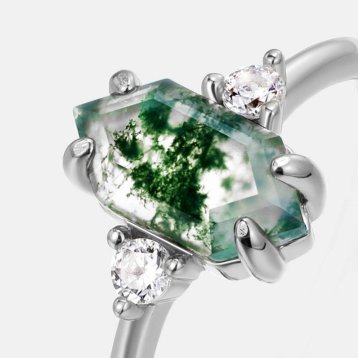 Anillo ajustable de ágata musgosa hexagonal con circonita blanca S925 de Olivenorma 