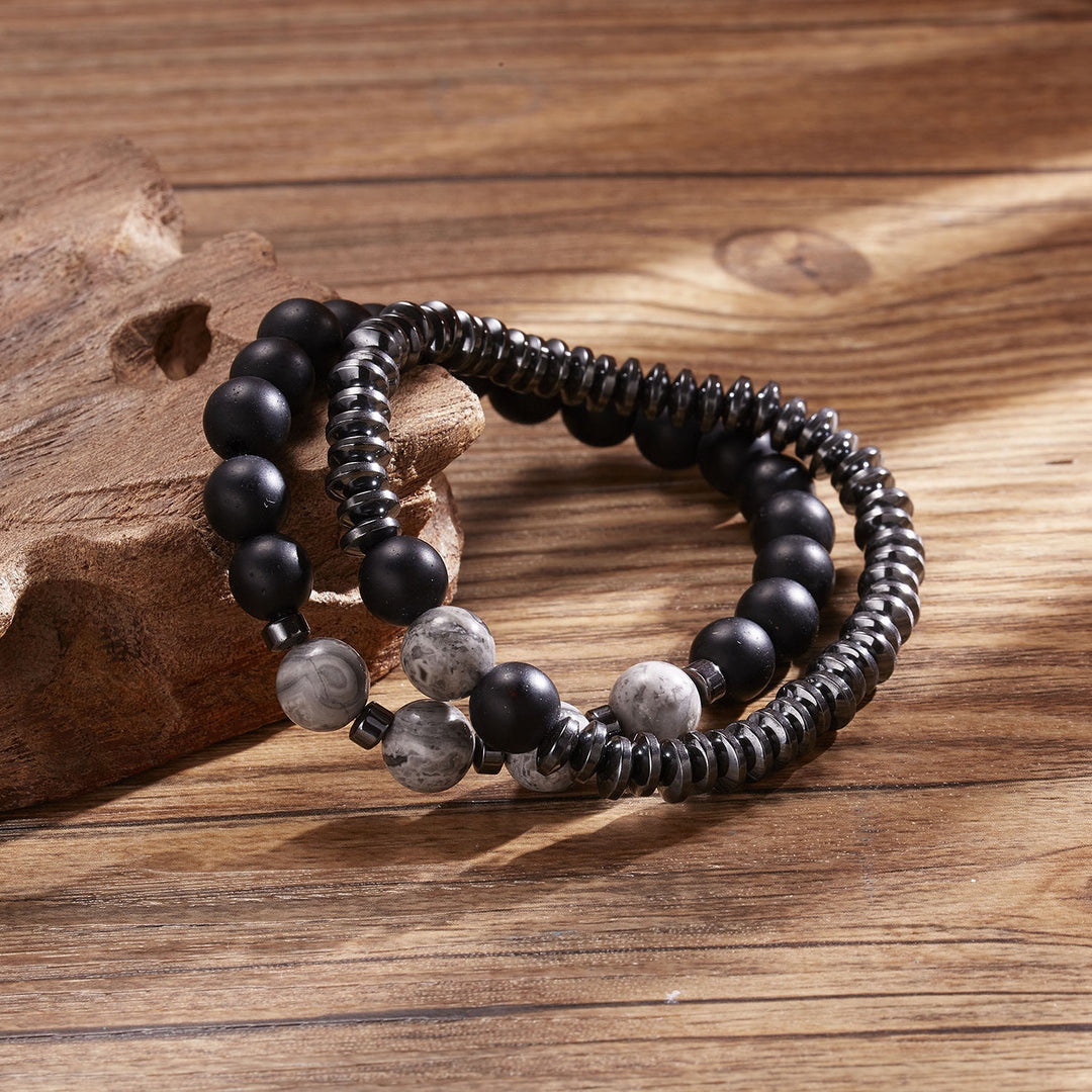 Juego de pulseras de cuentas para hombre de ónix negro y jaspe gris Olivenorma