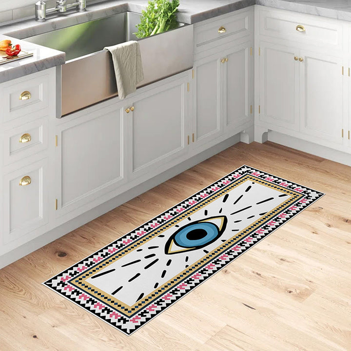 Alfombra rectangular con estampado de mal de ojo de color blanco de Olivenorma 