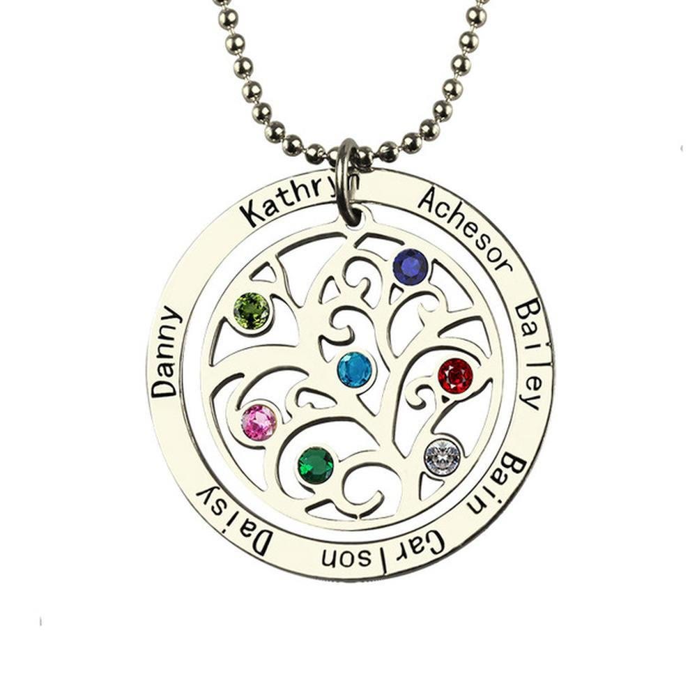 Collar con grabado de nombre y piedra natal del árbol de la vida de Olivenorma