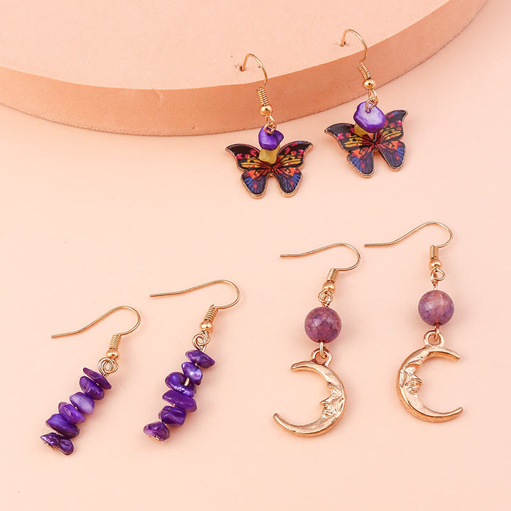 Juego de pendientes con colgante de mariposa y luna de ágata morada y amatista de Olivenorma
