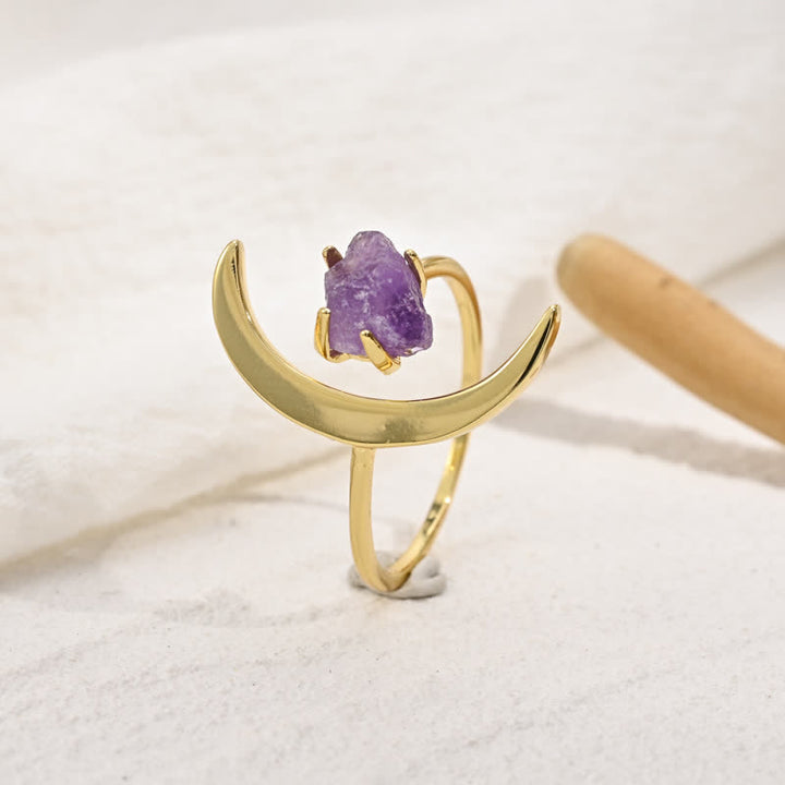 Anillo ajustable curativo de amatista con estrella y luna