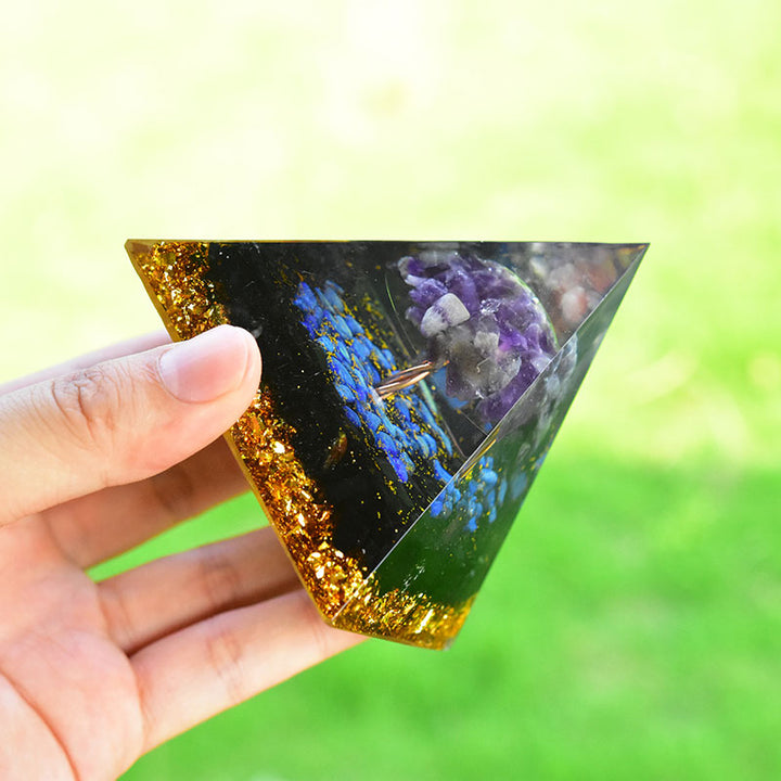 Pirámide de orgón del árbol de la vida de lapislázuli, obsidiana y amatista de Olivenorma 