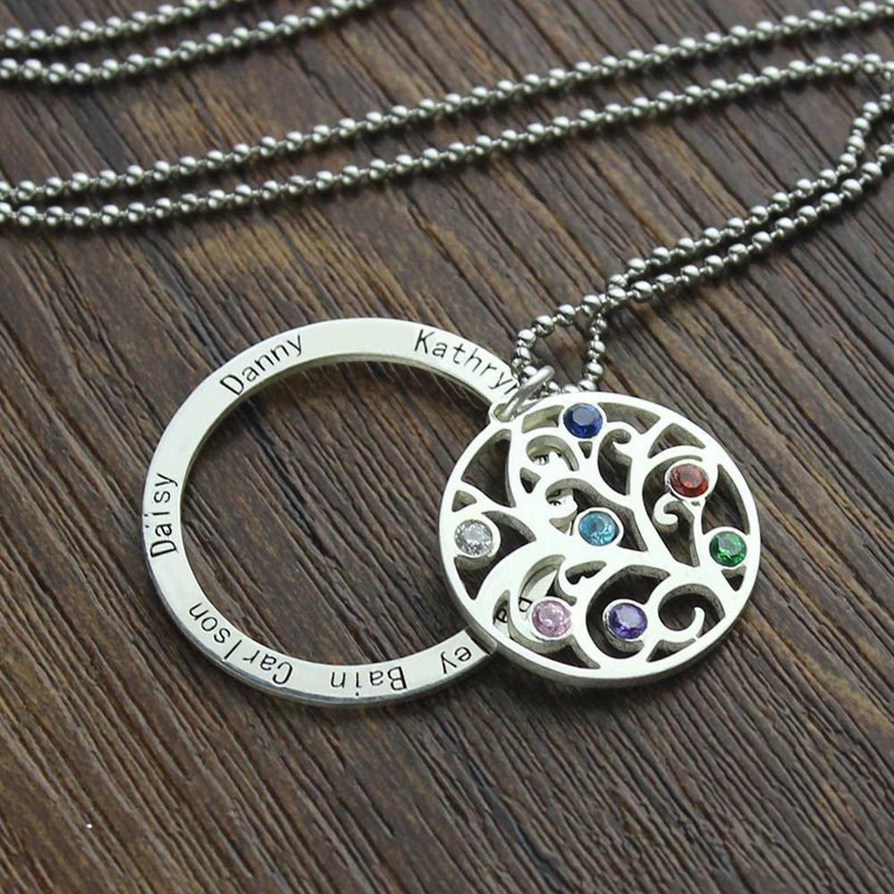 Collar con grabado de nombre y piedra natal del árbol de la vida de Olivenorma