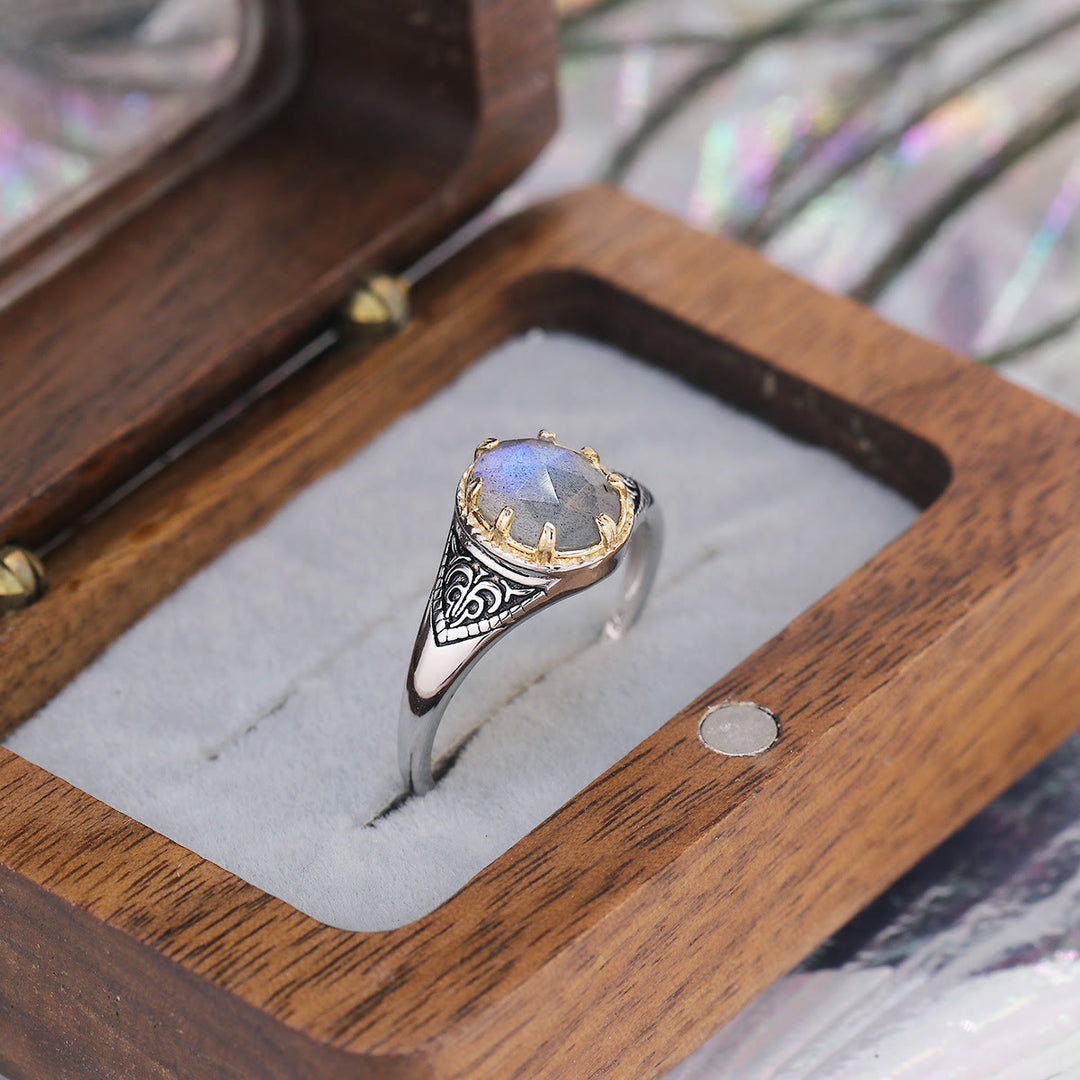 Anillo de plata de ley 925 con labradorita natural de Olivenorma