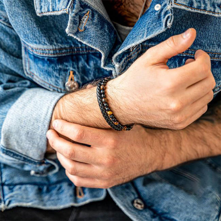 Pulsera tejida de cuero con ojo de tigre para hombre 