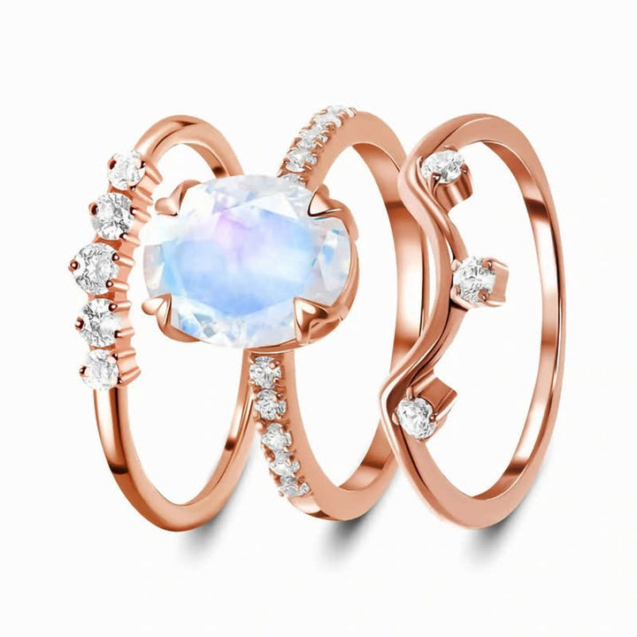 Anillo creativo de 3 piezas con piedra lunar de cristal natural de Olivenorma